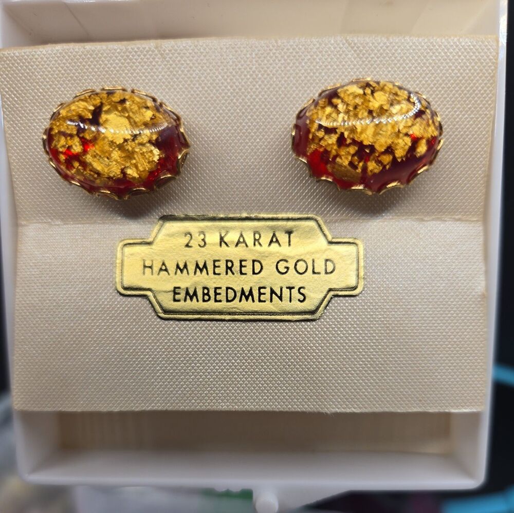 Vintage Gold-tone Cuflinks - 23K Gold Embedments Suspended Inside Red Base